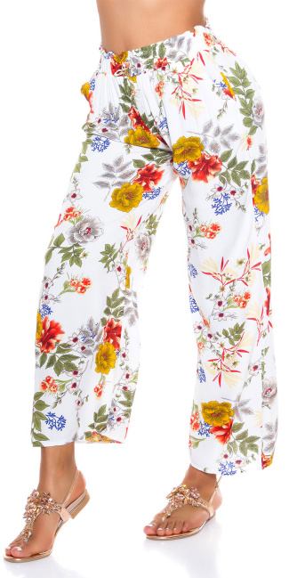 Trendy casual zomer broek met bloemen-print wit